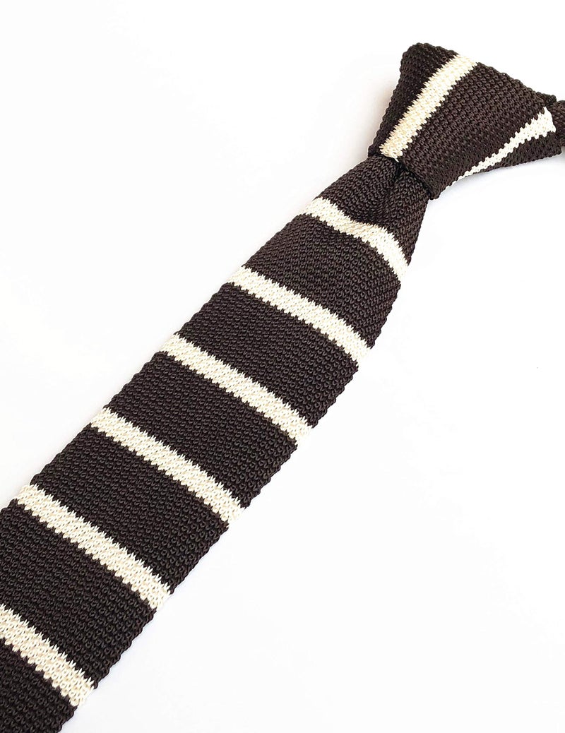 Secdtie Men's Big Boys Preppy Wide Briton Stripe Dark Brown Knitted Tie White Novelty Necktie with Flat Bottom - Image 5